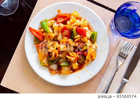 Stewed vegetables with soy sauce.  85500574
