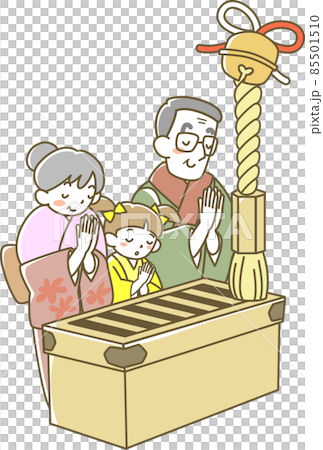 初詣でお祈りするシニア夫婦と孫 初詣でお祈りするシニア夫婦と孫 85501510