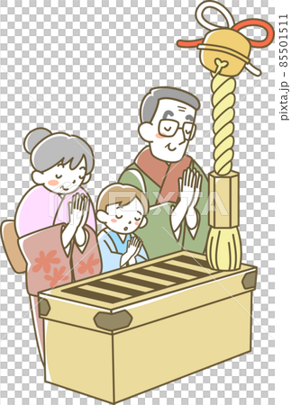 初詣でお祈りするシニア夫婦と孫 初詣でお祈りするシニア夫婦と孫 85501511