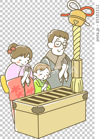 初詣でお祈りする若い夫婦と男の子 初詣でお祈りする若い夫婦と男の子 85501512