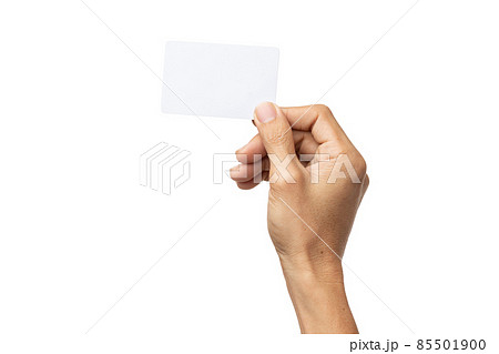 business man hand holding business card isolated on white background with clipping path 85501900