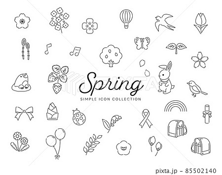 春のシンプルな線画アイコンセット01 / 桜、花、自然、動物、イラスト / モノクロ 85502140