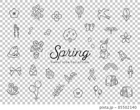 Spring simple line drawing icon set 01 / Sakura, flowers, nature, animals, illustrations / monochrome 85502140