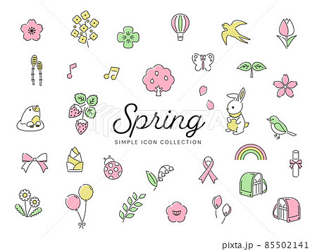 春のシンプルな線画アイコンセット01 / 桜、花、自然、動物、イラスト / カラフル 85502141