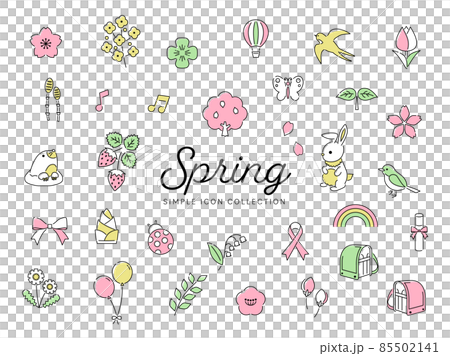 春のシンプルな線画アイコンセット01 / 桜、花、自然、動物、イラスト / カラフル 85502141