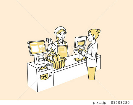 スーパーで買い物をする女性　会計　精算　セルフレジ　女性店員 85503286