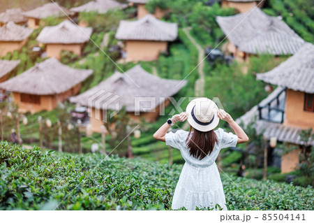 Happy tourist woman in white dress enjoy beautiful Tea garden.Traveler visiting in Ban Rak Thai village, Mae Hong Son, Thailand. travel, vacation and holiday concept Happy tourist woman in white dress enjoy beautiful Tea garden.Traveler visiting in Ban Rak Thai village, Mae Hong Son, Thailand. travel, vacation and holiday concept 85504141
