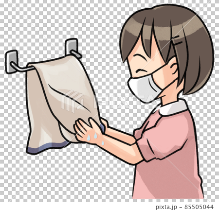 タオルで手を拭く女の子（マスク） 85505044