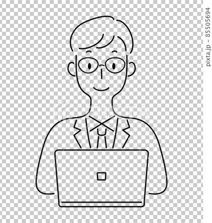手描き風・パソコンを操作する笑顔の男性のベクターイラスト 85505694