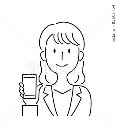 手描き風・スマートフォンの画面を見せる笑顔の女性のベクターイラスト 85505704