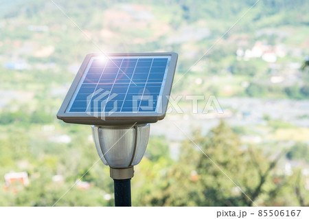 Small Solar photovoltaic panels with light lamp in forest, electrical power generation systems. alternative, renewable energy and sustainable resources concept Small Solar photovoltaic panels with light lamp in forest, electrical power generation systems. alternative, renewable energy and sustainable resources concept 85506167