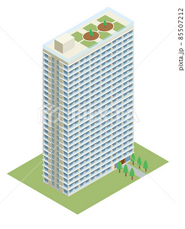 アイソメトリックスの建築物 高層マンション 屋上庭園があるタワーマンションの立体イラスト 3dのイラスト素材