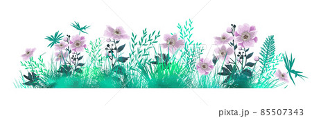 Grass with pink flowers. Green horizontal grass. Vector illustration 85507343