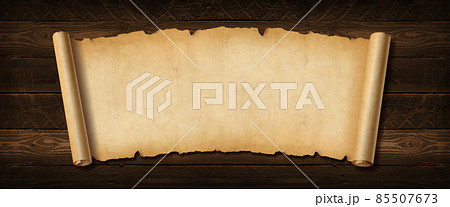 Old paper horizontal banner. Parchment scroll on a wood board Old paper horizontal banner. Parchment scroll on a wood board 85507673