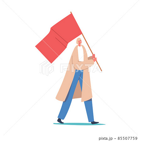 Protesting Woman with Red Flag on Revolution Strike or Demonstration, Activist Female Character with Banner on Riot Protesting Woman with Red Flag on Revolution Strike or Demonstration, Activist Female Character with Banner on Riot 85507759