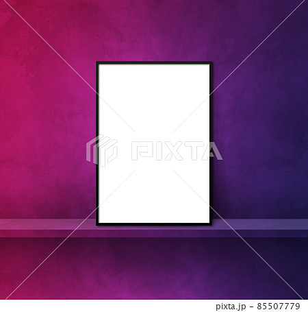 Black picture frame leaning on a purple shelf. 3d illustration. Square background 85507779