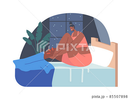 Woman Wear Pajama Sitting in Bed Feeling Pain in Ankle, Female Character with Sleep Problems, Cramps, Weak Muscles 85507898