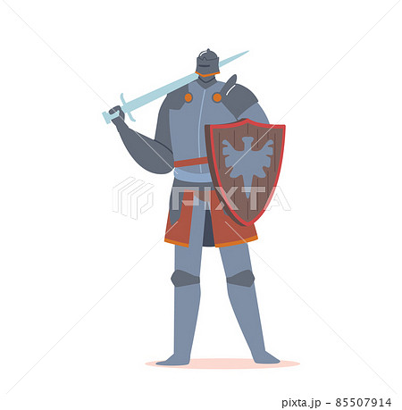 Medieval Knight Heraldic Character Wearing Shield and Sword, Warrior Crusader Isolated on White Background 85507914