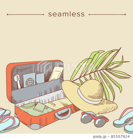 Doodle Seamless Pattern Vacation, Holidays Theme. Suitcase, Travel Stuff, Beach Hat, Palm Leaf, Luggage, Summer Sandals 85507924