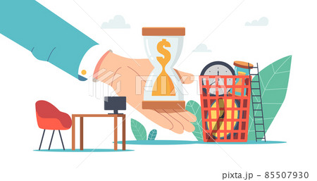 Wasting Time and Money, Procrastination Postponing Work Concept. Huge Businessman Hand Holding Hourglass with Sand 85507930
