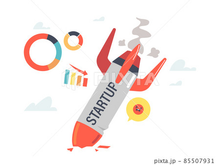 Burning Spaceship or Rocket Fall Down on Ground with Steam and Analytic Charts and Graphs around. Company Startup Fail 85507931