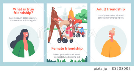 Women Friendship Cartoon Banners. Moms with Babies in Prams and Strollers. Characters Walk With Their Infant Children 85508002