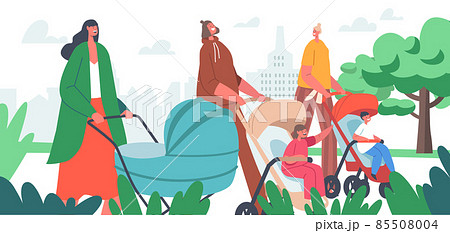 Group of Women with Babies in Prams and Strollers. Moms Characters Walking With Their Infant Children, Mothers Community Group of Women with Babies in Prams and Strollers. Moms Characters Walking With Their Infant Children, Mothers Community 85508004