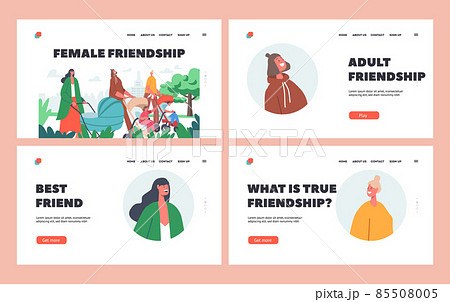 Women Friendship Landing Page Template Set. Female Characters with Babies in Prams, Girls Walk With Children, Motherhood 85508005