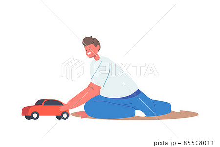 Little Boy Character Sitting on Floor Playing with Car. Child Fun with Toy, Kid Recreation at Home or Kindergarten 85508011