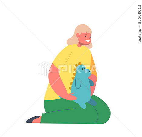 Little Girl with Dino, Child Playing with Toy. Kid Sitting on Floor Having Fun and Recreation at Home or Kindergarten 85508013