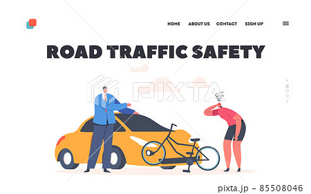 Road Traffic Safety Landing Page Template. Car Bump into Bicycle with Bicyclist Woman, Driver Stand at Broken Automobile Road Traffic Safety Landing Page Template. Car Bump into Bicycle with Bicyclist Woman, Driver Stand at Broken Automobile 85508046