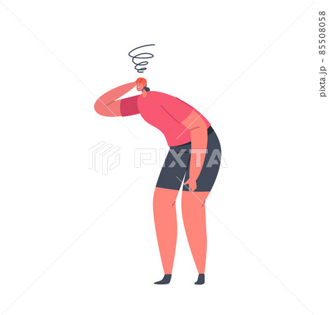 Bicyclist Woman Wear Sports Uniform and Helmet Stand with Dizzy Head Character Isolated on White Background Bicyclist Woman Wear Sports Uniform and Helmet Stand with Dizzy Head Character Isolated on White Background 85508058