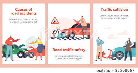 Car Accident with People on Road Cartoon Banners. Broken Automobile with Fire and Steam, Car Bump into Scooter, Car Accident with People on Road Cartoon Banners. Broken Automobile with Fire and Steam, Car Bump into Scooter, 85508067