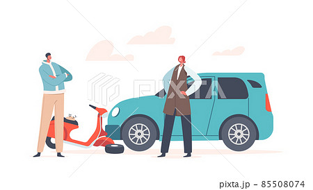 Car Hit Driver on Scooter, Accident with Automobile and Person on City Road, Health Insurance, Safety Concept Car Hit Driver on Scooter, Accident with Automobile and Person on City Road, Health Insurance, Safety Concept 85508074