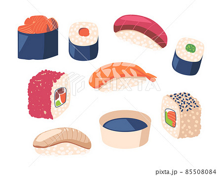 Set Japan Food, Japanese Cuisine Sushi and Rolls with Fish, Caviar, Soy Sauce and Seaweeds. Seafood Gunkanmaki Ikura Set Japan Food, Japanese Cuisine Sushi and Rolls with Fish, Caviar, Soy Sauce and Seaweeds. Seafood Gunkanmaki Ikura 85508084