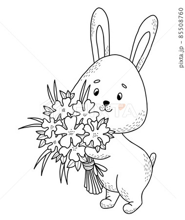 Cute bunny with bouquet of flowers. Vector...のイラスト素材