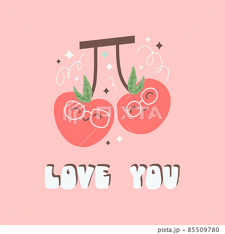 Cute cherries and lettering composition for Valentine's Day card. Berries in love and calligraphy love phrase for February 14th. Flat vector illustration isolated on pink background 85509780