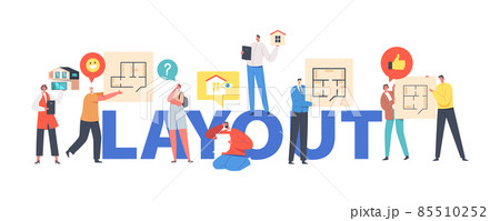 Happy Family Characters Choose Apartment Layout Concept. Mother, Father and Kids Discuss New Home Plan with Rooms 85510252