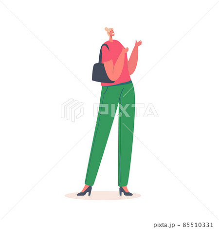 Stylish Caucasian Girl Character Wear Red Blouse with Short Sleeves and Tight Green Pants with Hand Bag. Trendy Outfit Stylish Caucasian Girl Character Wear Red Blouse with Short Sleeves and Tight Green Pants with Hand Bag. Trendy Outfit 85510331