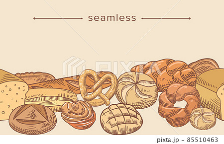 Bread and Bakery Doodle Frame, Sketch Baked Food Loaf, Rye or Wheat Bread and Pretzel. Braided Buns and French Baguette 85510463