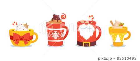 Set of Christmas Mugs with Hot Drinks Cocoa with Marshmallow, Coffee with Whipped Cream. Winter Cups with Beverages 85510495