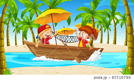 Beach scenery with children in wooden boat Beach scenery with children in wooden boat 85510799