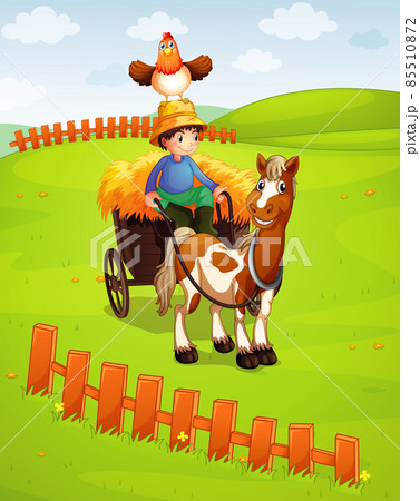 A boy riding horse cart with a chicken on the meadow 85510872