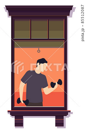 Neighbor exersizing at morning. Building window view 85512087