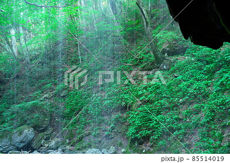 裏から見た岩井滝の水の流れ3　岡山県苫田郡鏡野町 85514019