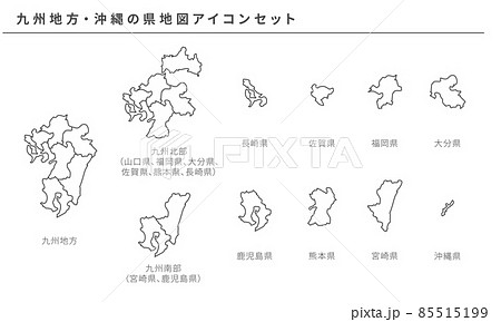 日本地図、九州地方・沖縄の県地図アイコンセット、ベクター素材