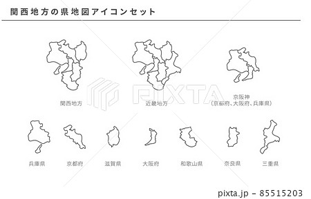 日本地図 関西地方の県地図アイコンセット ベクター素材のイラスト素材