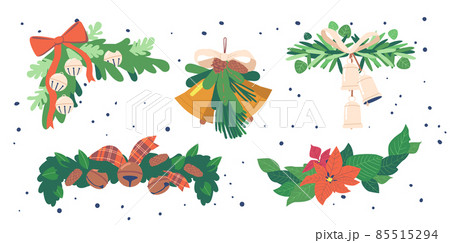 Set of Winter Garlands of Berries, fir Tree Branches and Leaves. Decorative Elements of Pine Branches, Bells, Bows 85515294