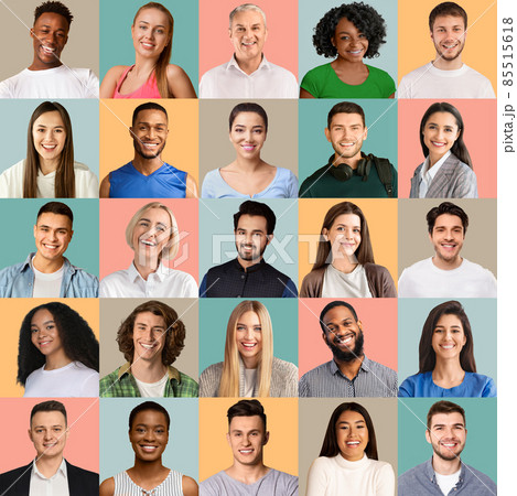 Portraits of happy multiracial people posing on colorful backgrounds 85515618