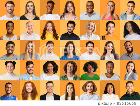 Multiracial people posing on orange studio backgrounds, collection of portraits 85515659